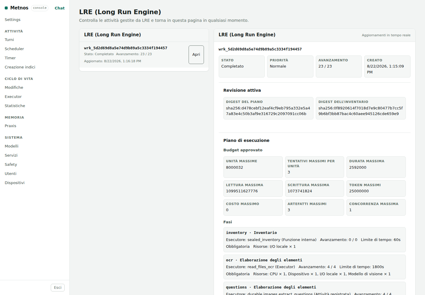 The real LRE console, showing workload list, detail, digests, budget, and stages in an Italian-language instance.