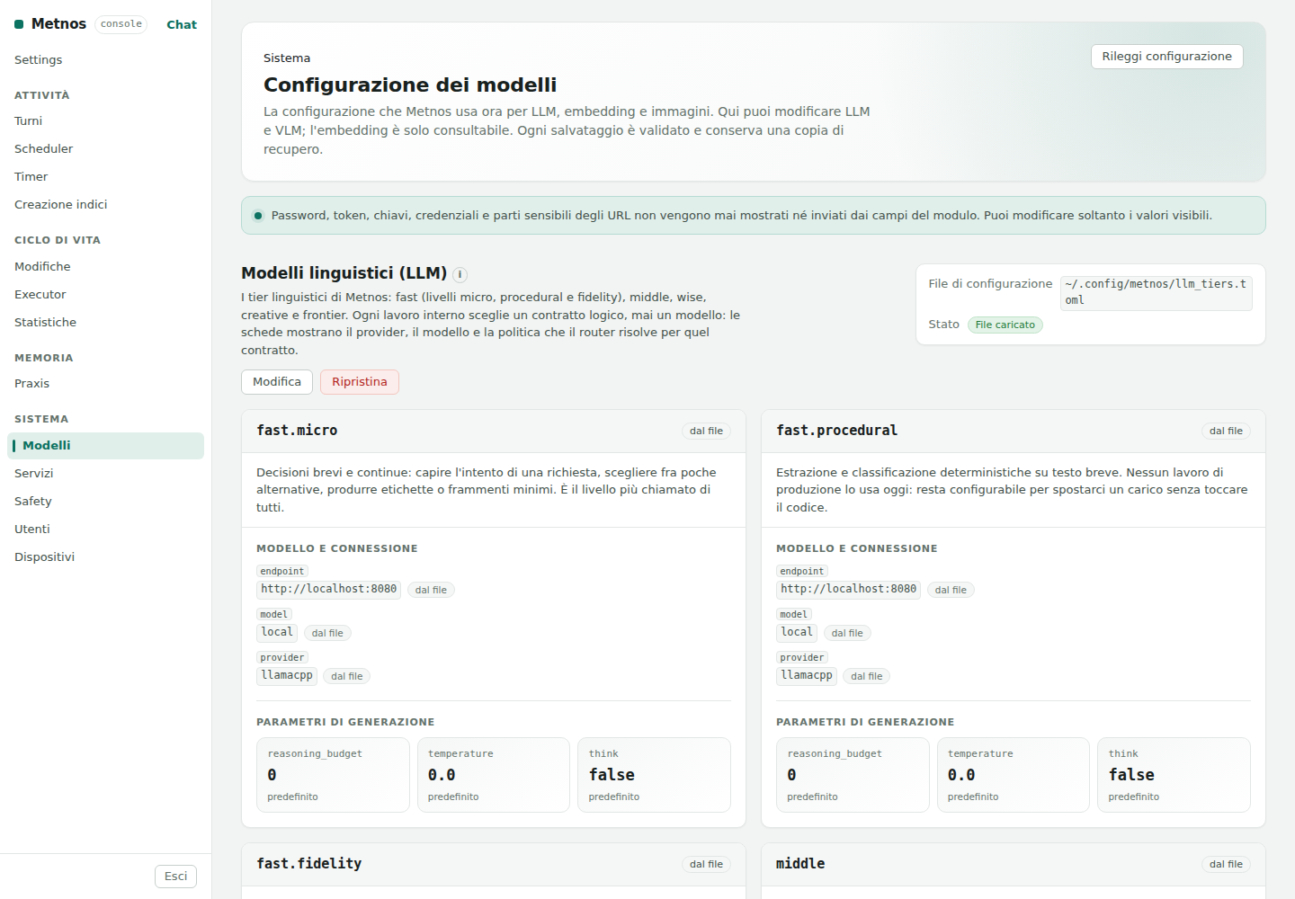Schermata reale della configurazione dei modelli nella HTTP UI di Metnos.