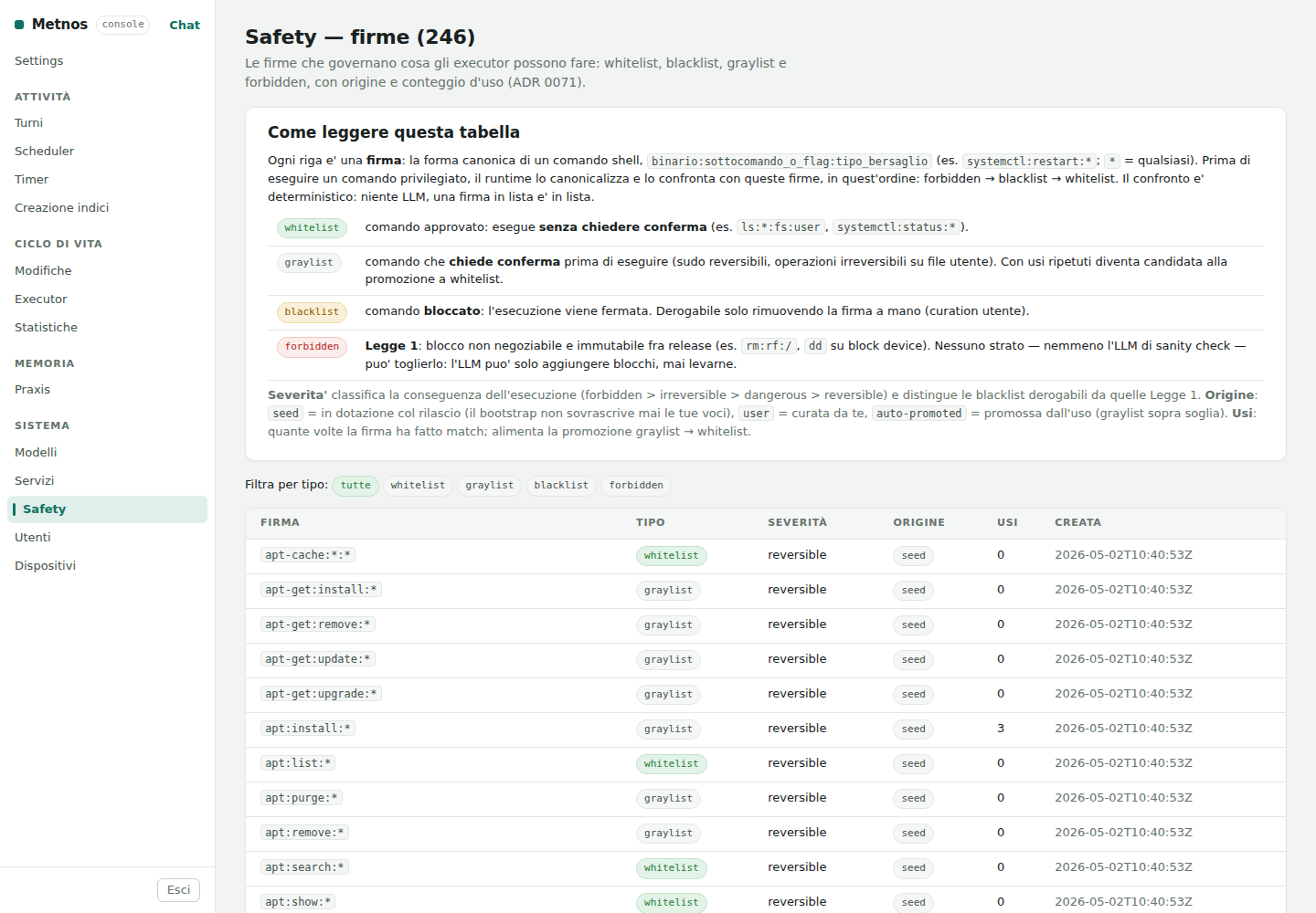 Schermata reale Safety della HTTP UI, con guida alle classi, filtri e tabella delle firme.