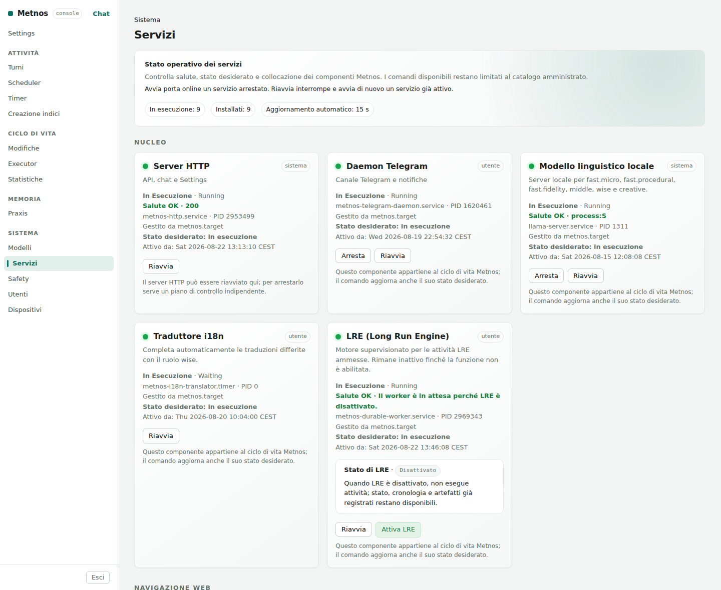 Schermata reale della pagina Servizi della HTTP UI di Metnos, con navigazione Sistema e schede dei componenti.